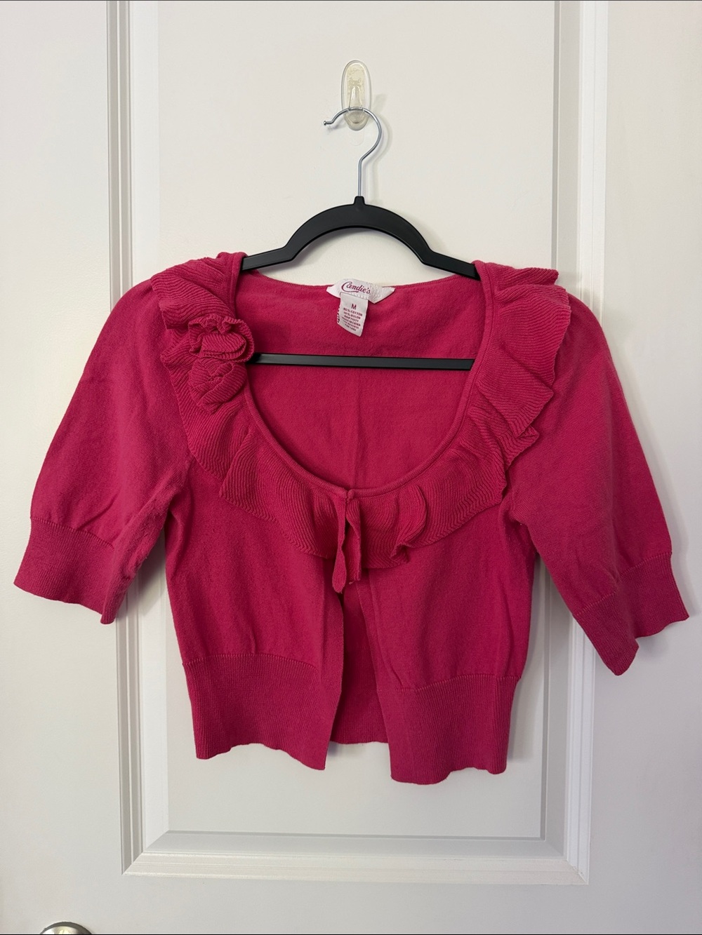 Candies  Hot Pink Ruffle-Trim Short Cardigan